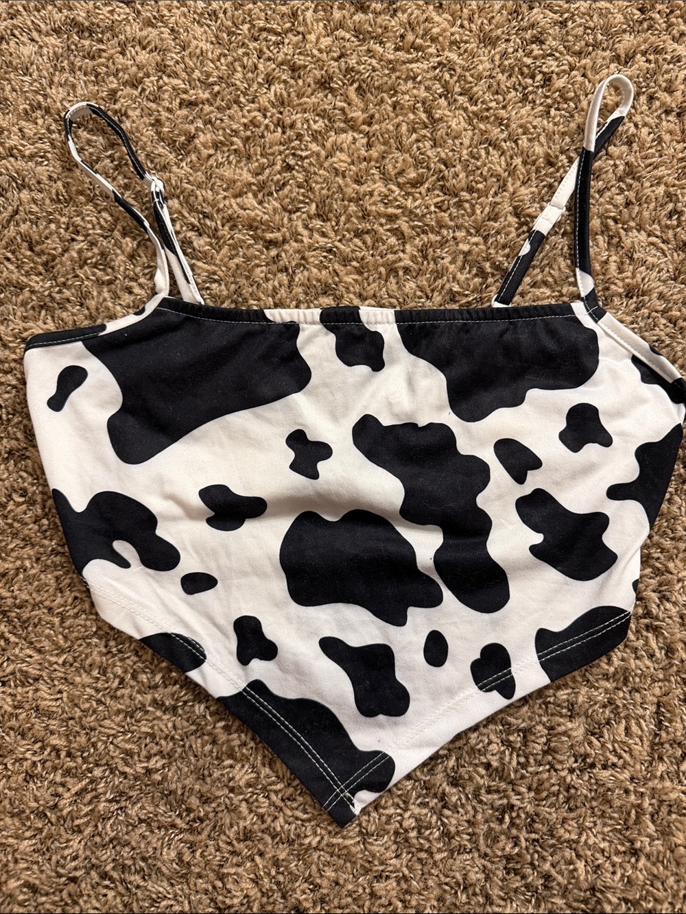 Source Unknown Black & White Cowprint Pointed-Hem Spaghetti-Strap Crop Top
